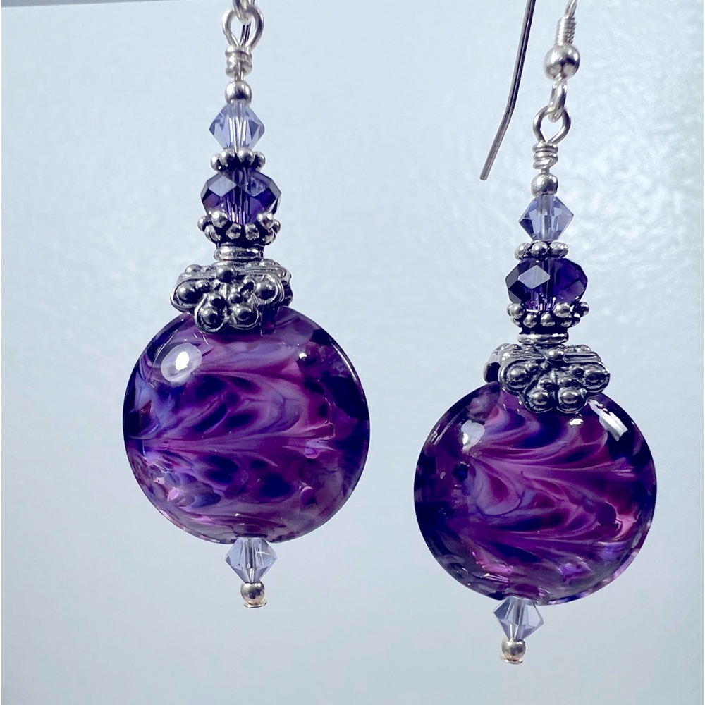 LAMPWORK PURPLE WITH SWIRLS LENTIL EARRING